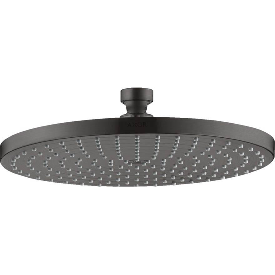 Round polished black chrome shower head with multiple spray jets and ceiling-mounted arm.