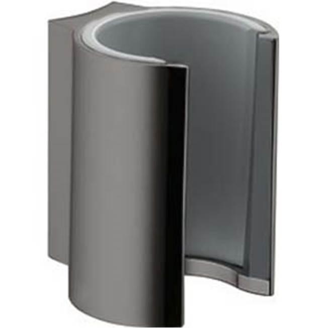 Polished black chrome handshower holder with curved cylindrical design and flat mounting bracket.