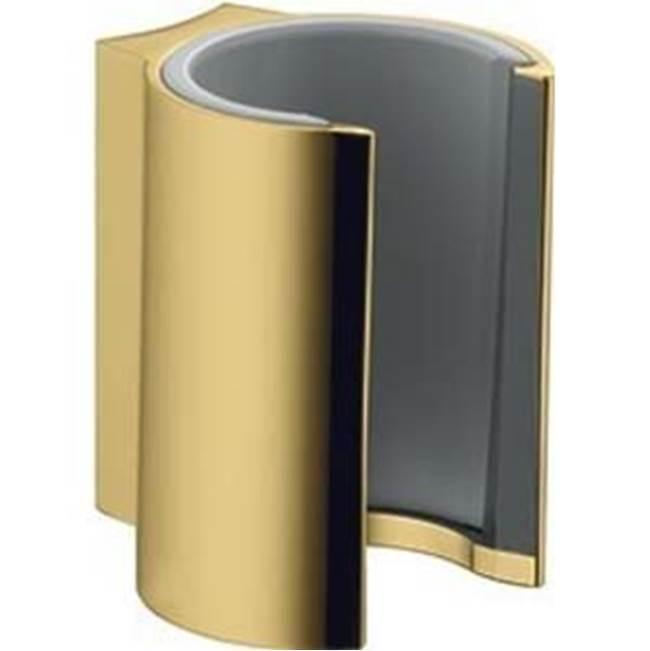 Polished gold optic handshower holder with gray interior grip and curved cylindrical design.