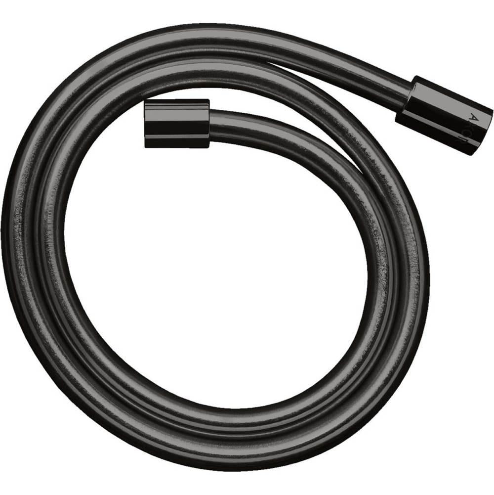 Polished black chrome flexible hose with cylindrical connector nut, coiled in circular formation.
