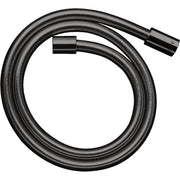 Polished black chrome flexible hose with cylindrical connector nut, coiled in circular formation.