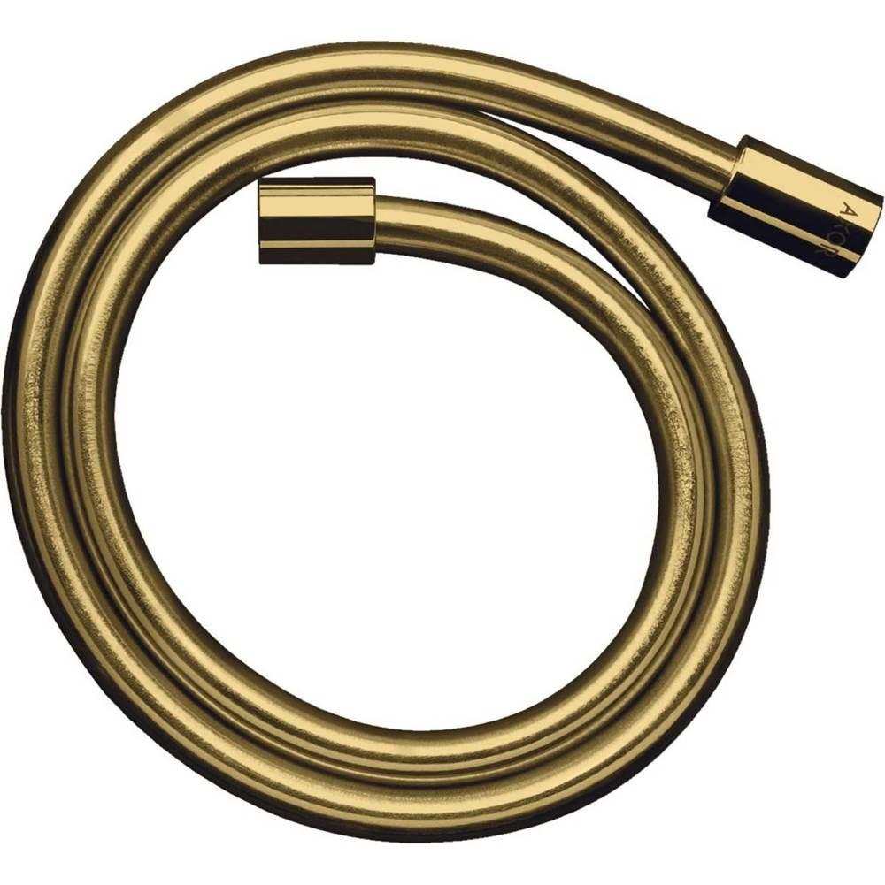 Polished gold flexible hose with cylindrical connector nut coiled in a loop.