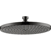 Polished black chrome round shower head with multiple spray jets and ceiling mount connector.