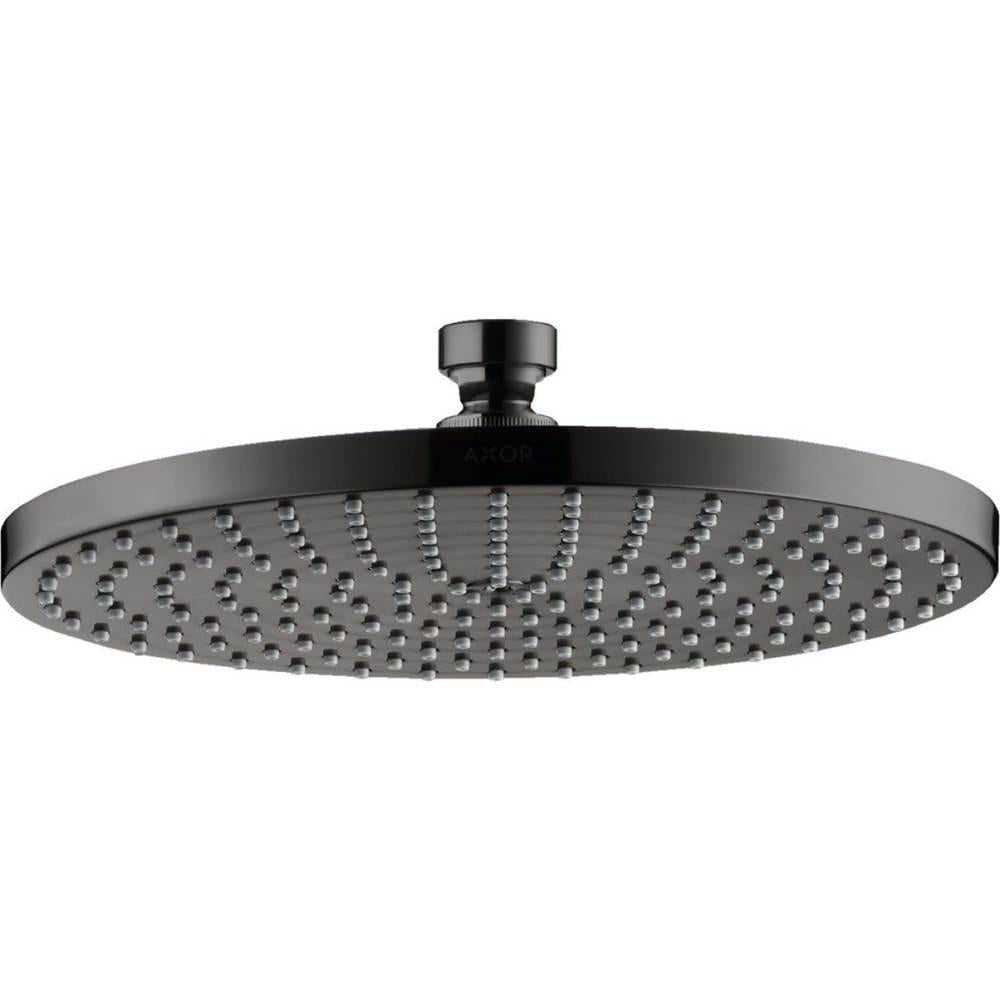 Polished black chrome round shower head with multiple spray jets and ceiling mount connector.