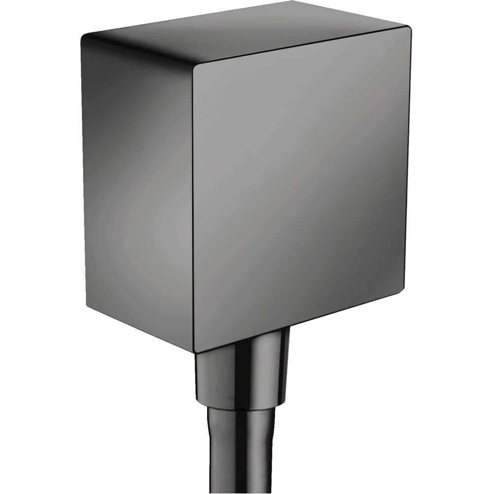 Square polished black chrome wall outlet with cylindrical connection stub below.