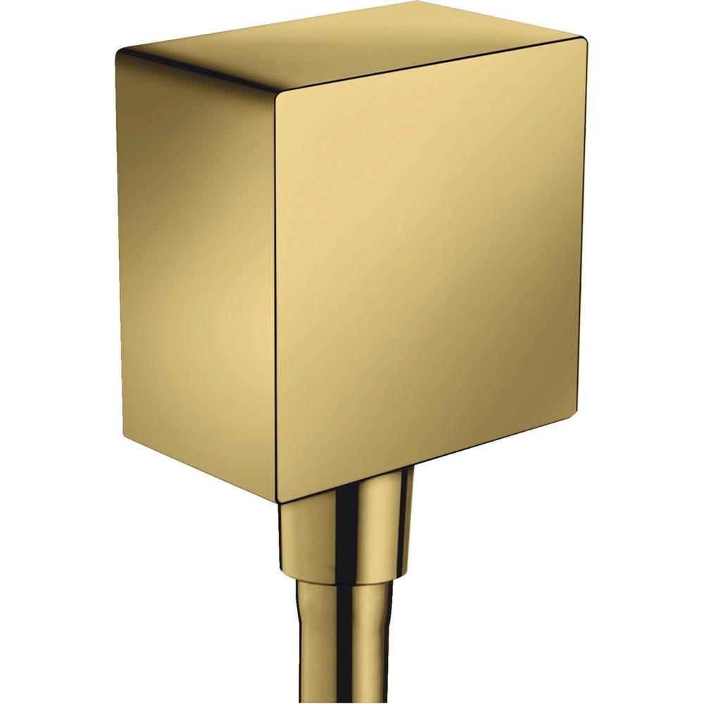 Square polished gold wall outlet with two connection ports below.