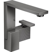 Polished black chrome single-hole faucet with geometric rectangular spout and textured lever handle on tall mounting base.