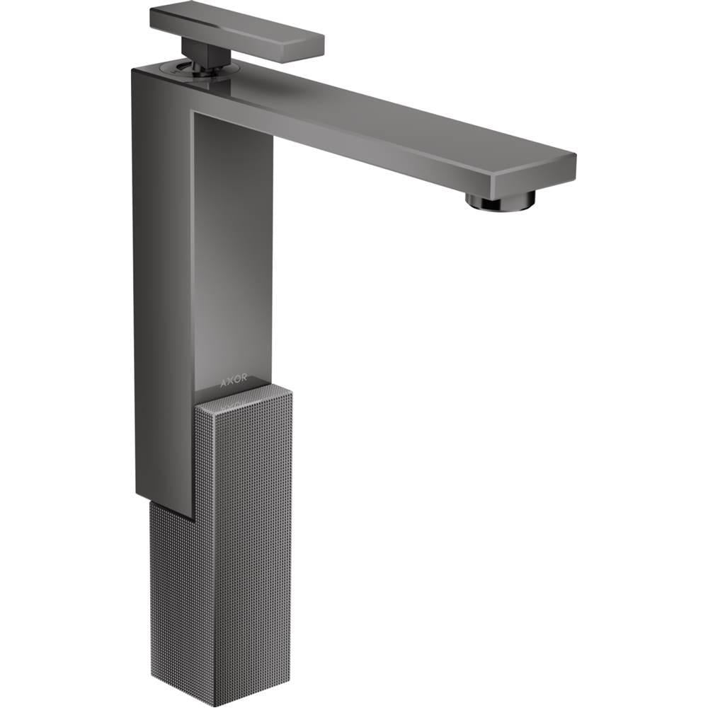Polished black chrome single-hole bathroom faucet with geometric rectangular base and extended spout with lever handle.