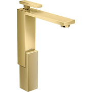 Polished gold single-hole bathroom faucet with rectangular spout, lever handle, and textured base pedestal.