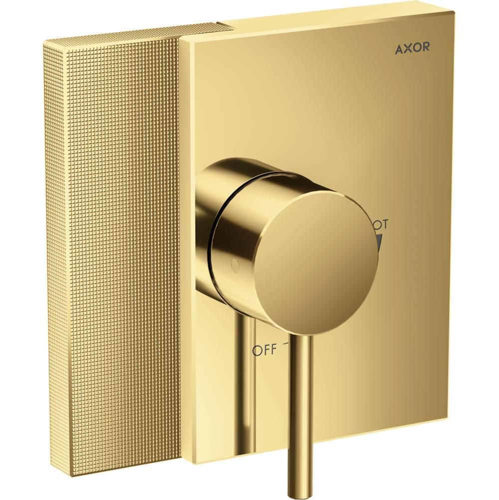 Polished gold pressure balance trim with circular handle and diamond cut textured plate against rectangular backing plate.