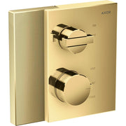 Polished gold thermostatic shower trim with diamond-cut texture featuring volume control lever and temperature dial with on/o