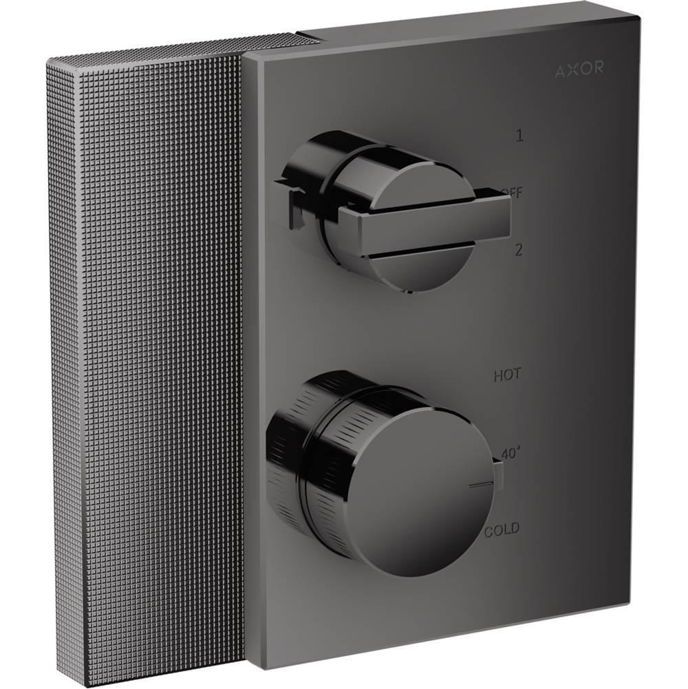 Polished black chrome thermostatic trim with rectangular lever diverter on top and circular temperature control dial below on