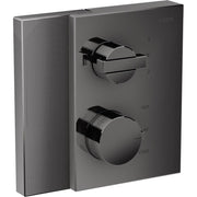 Polished black chrome thermostatic trim with rectangular lever diverter on top and circular temperature control dial below on