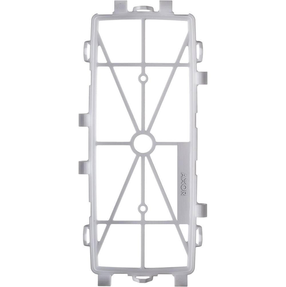 Gray plastic rectangular mounting template with grid lines, center point markers, and side mounting tabs.
