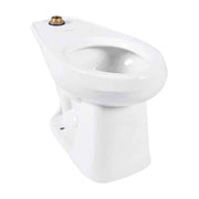 White ceramic toilet bowl with top-mounted flush valve and elongated seat opening.