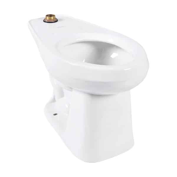 White ceramic toilet bowl with top-mounted flush valve and elongated seat opening.