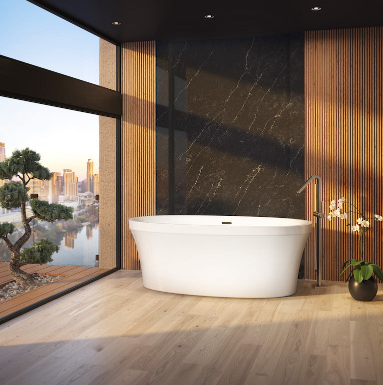 White oval freestanding soaker bathtub with heated backrest in a modern bathroom.