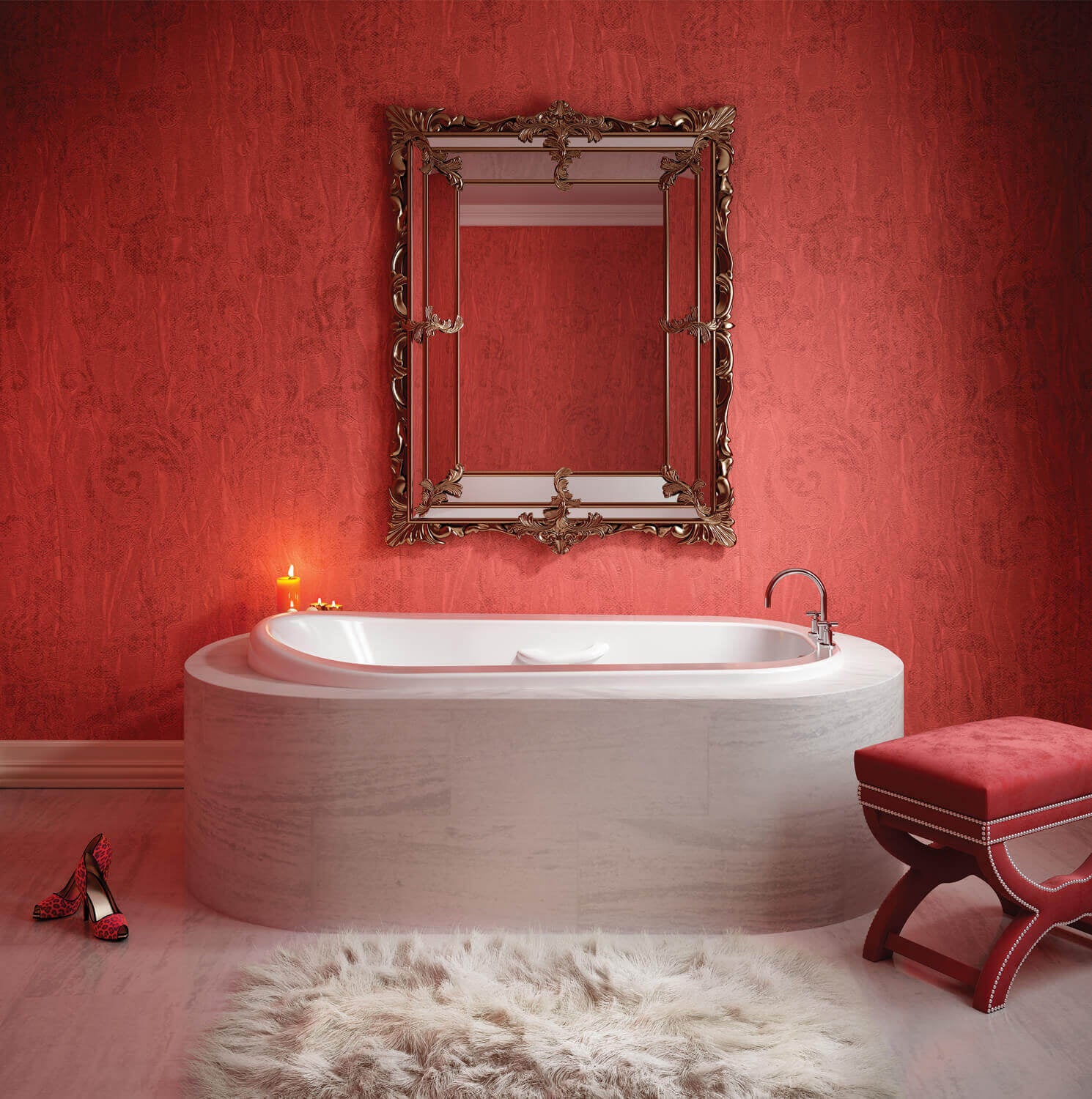 Biscuit-colored freestanding oval soaking tub with raised rim and chrome faucet in bathroom setting.