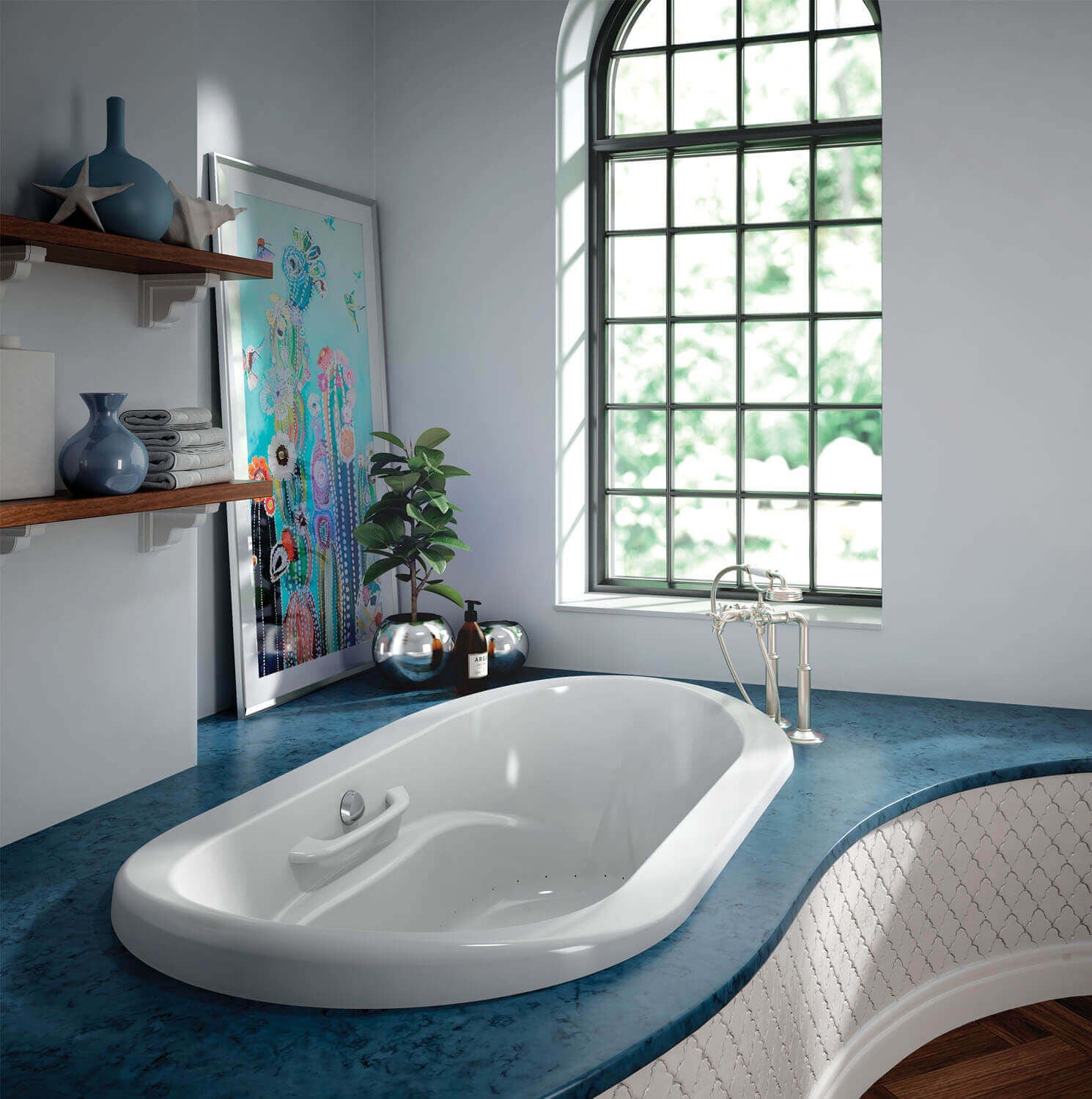 Biscuit-colored oval drop-in soaker bathtub with raised deck, seats, armrests and grab bars installed in blue countertop.
