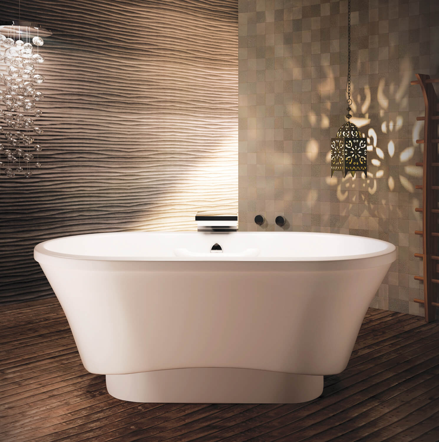Biscuit-colored oval freestanding bathtub with curved sides and flat deck rim in modern bathroom setting.
