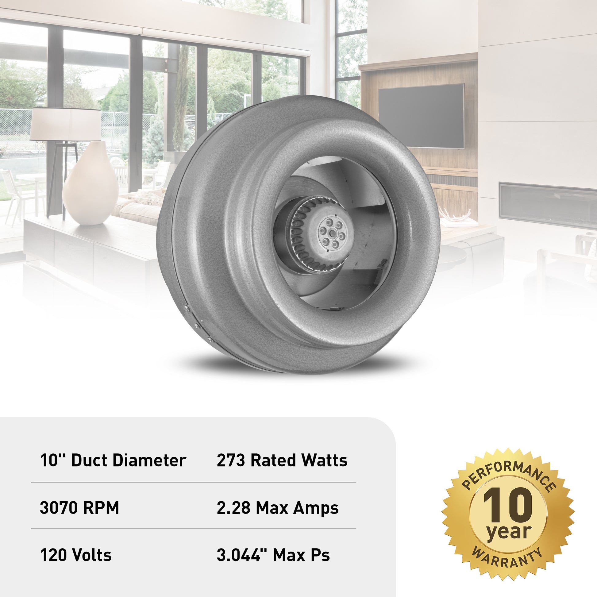 Panasonic Atmosphere Vortex VTX1000 centrifugal inline duct fan with 10-inch diameter and internal rotor visible.