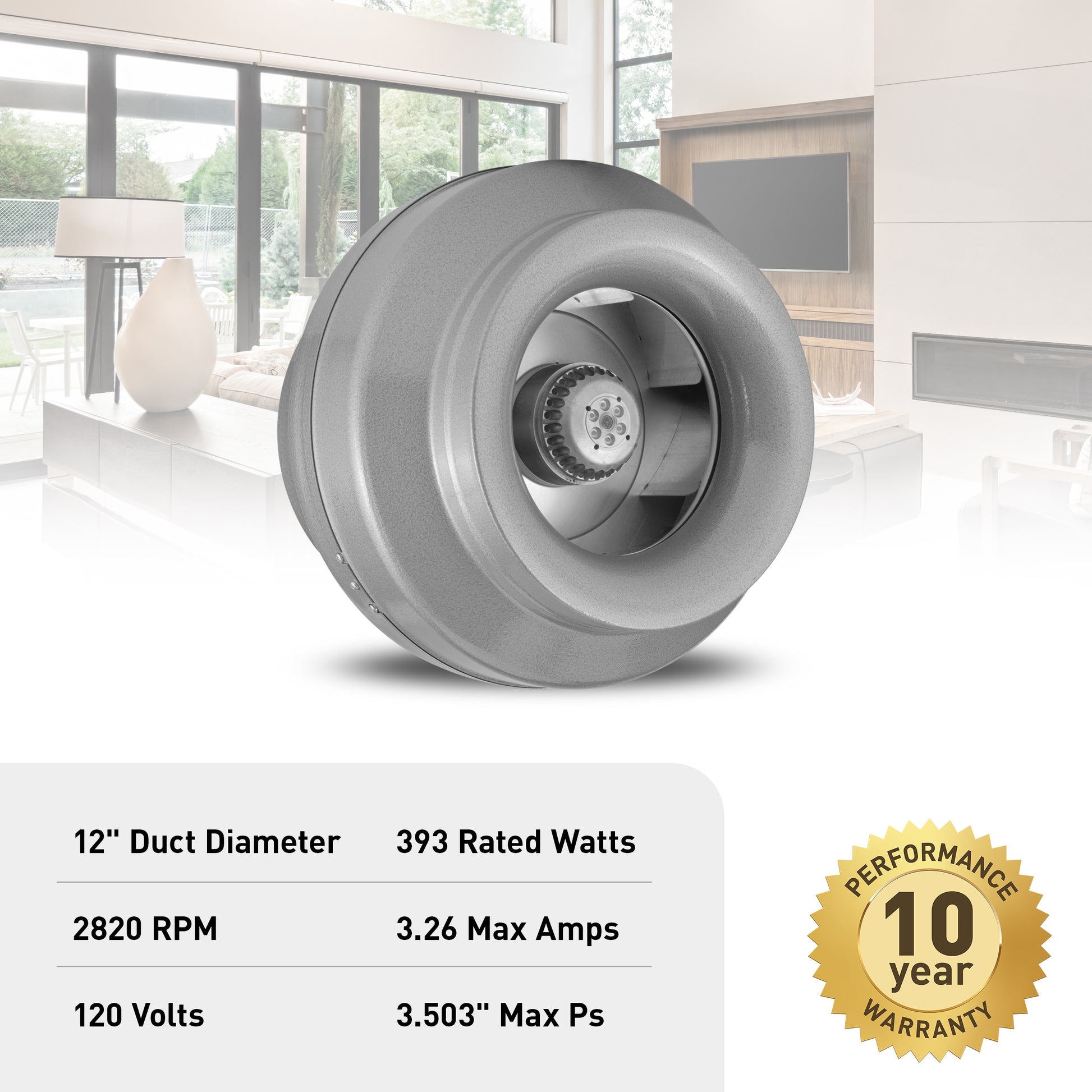 Round gray centrifugal duct fan with visible internal impeller and specifications for 12" diameter, 2820 RPM operation.