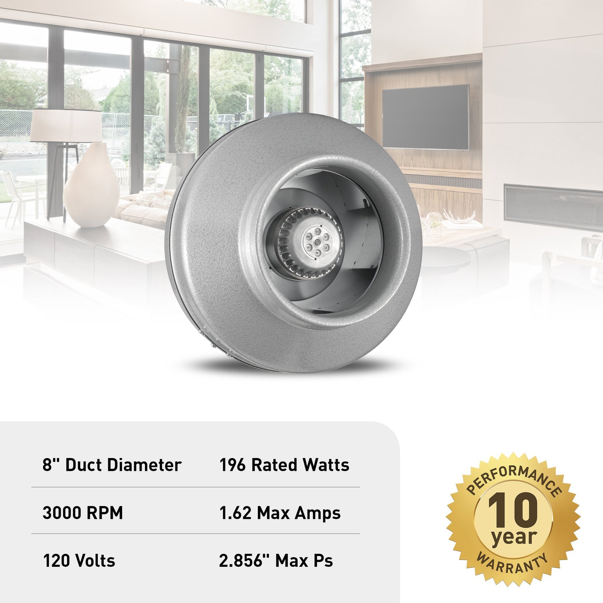 Silver cylindrical in-line duct fan with visible motor and impeller, 8" diameter, displayed against living room background.