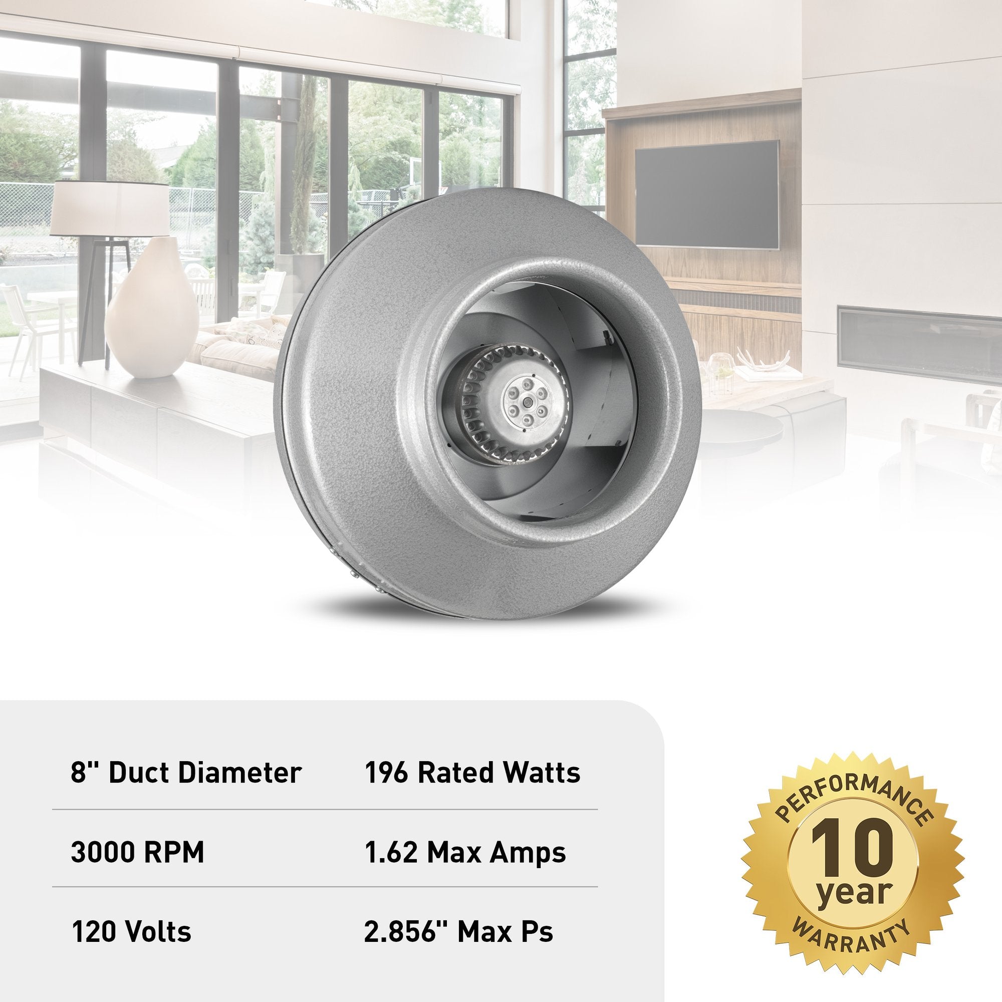Silver cylindrical in-line duct fan with visible motor and impeller, 8" diameter, displayed against living room background.