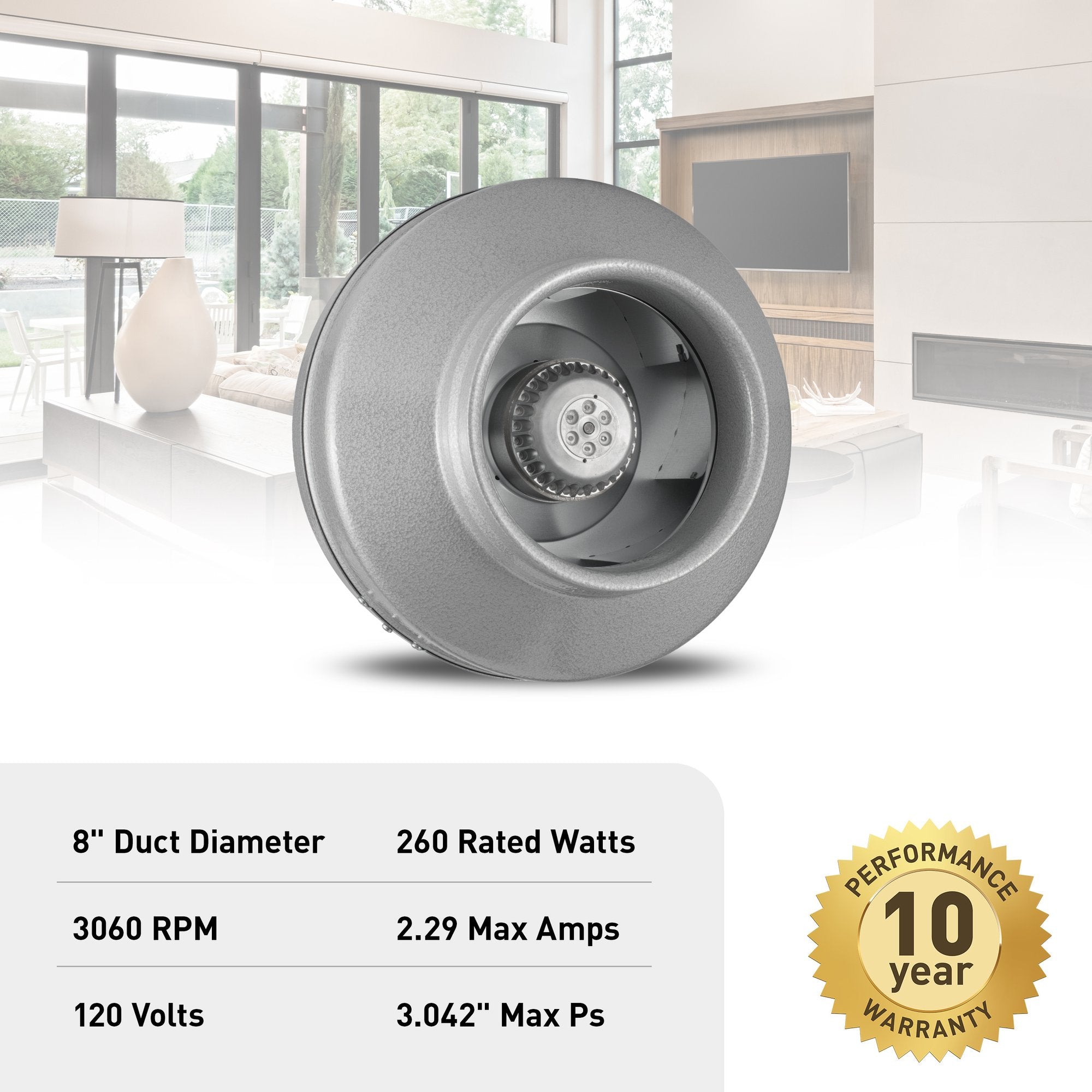 Gray round centrifugal duct fan with visible internal impeller and motor, 8-inch diameter inlet.