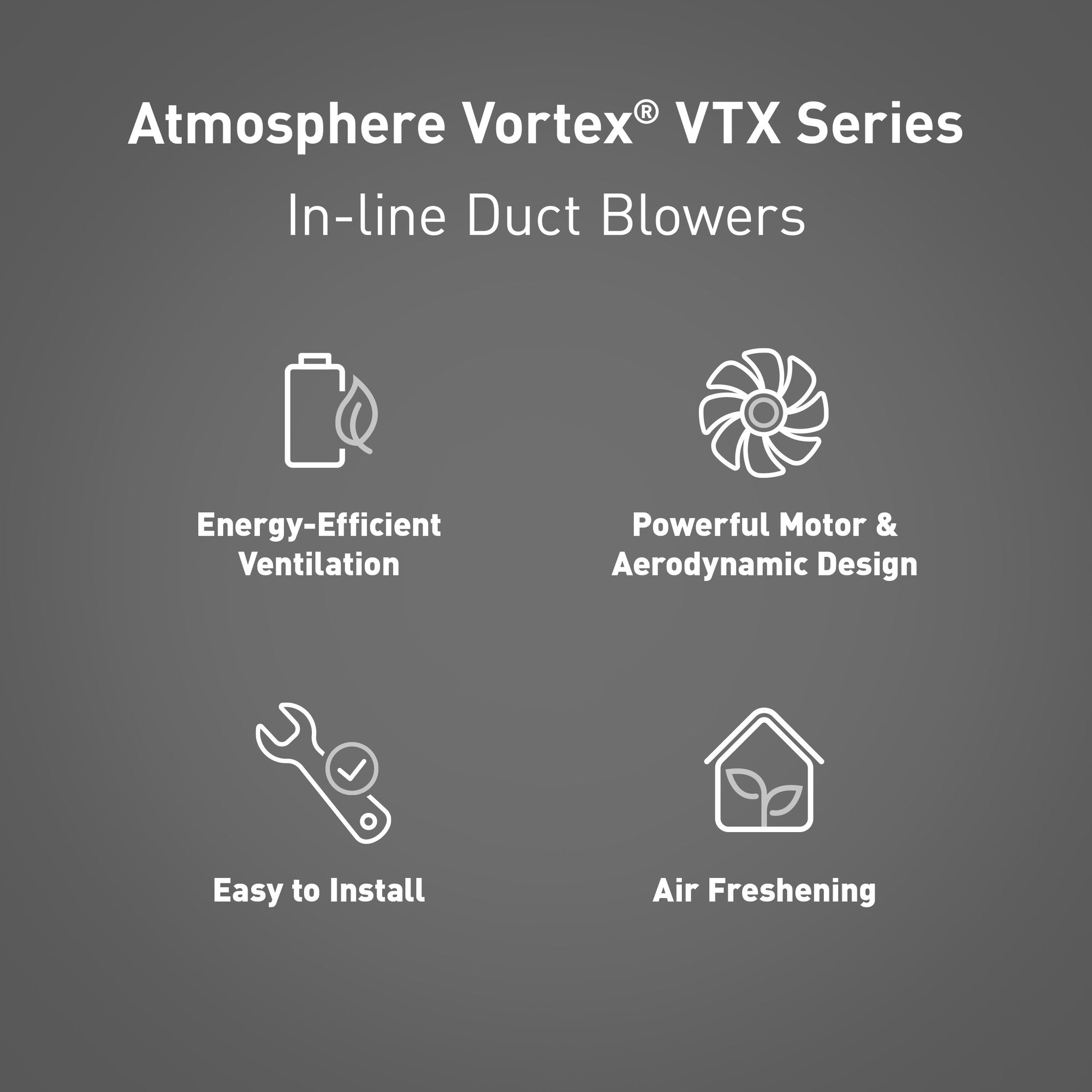 Panasonic Atmosphere Vortex VTX Series in-line duct blower with centrifugal fan design and four feature icons.