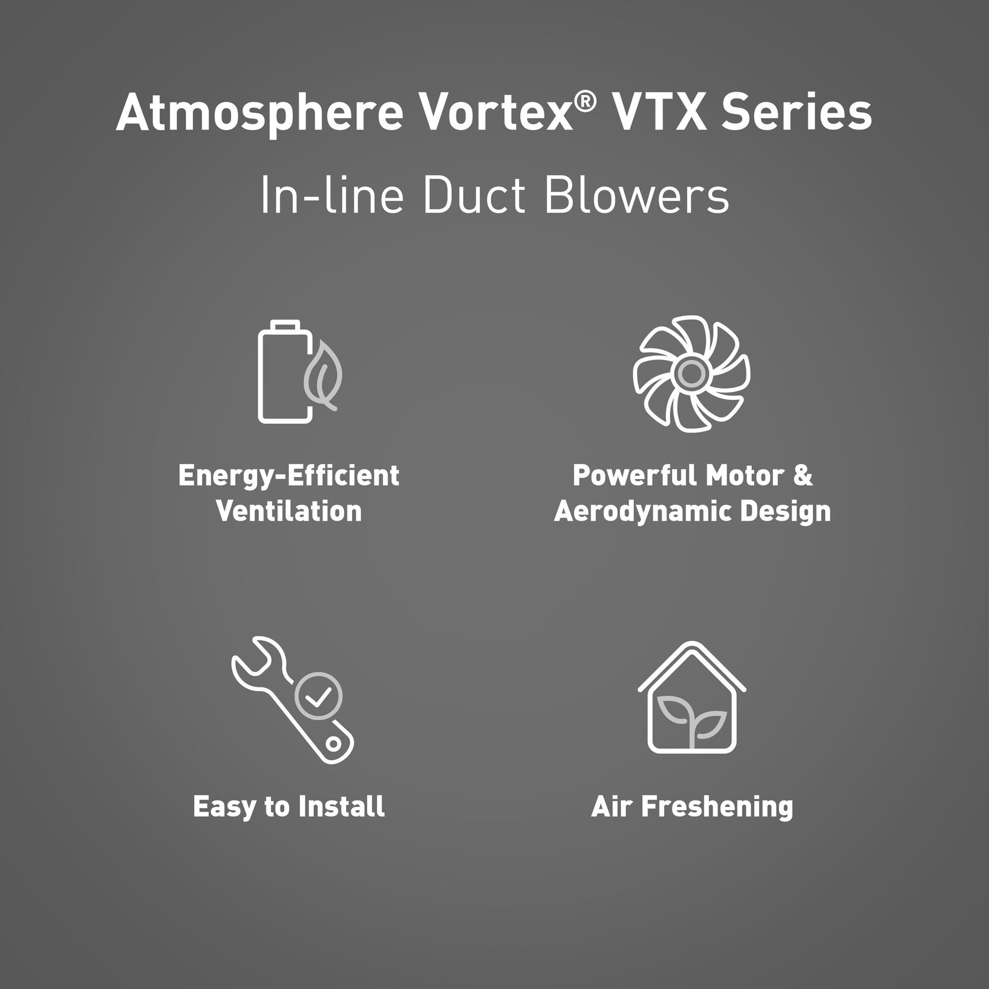 Panasonic Atmosphere Vortex VTX Series in-line duct blower with centrifugal fan design and feature icons displayed.