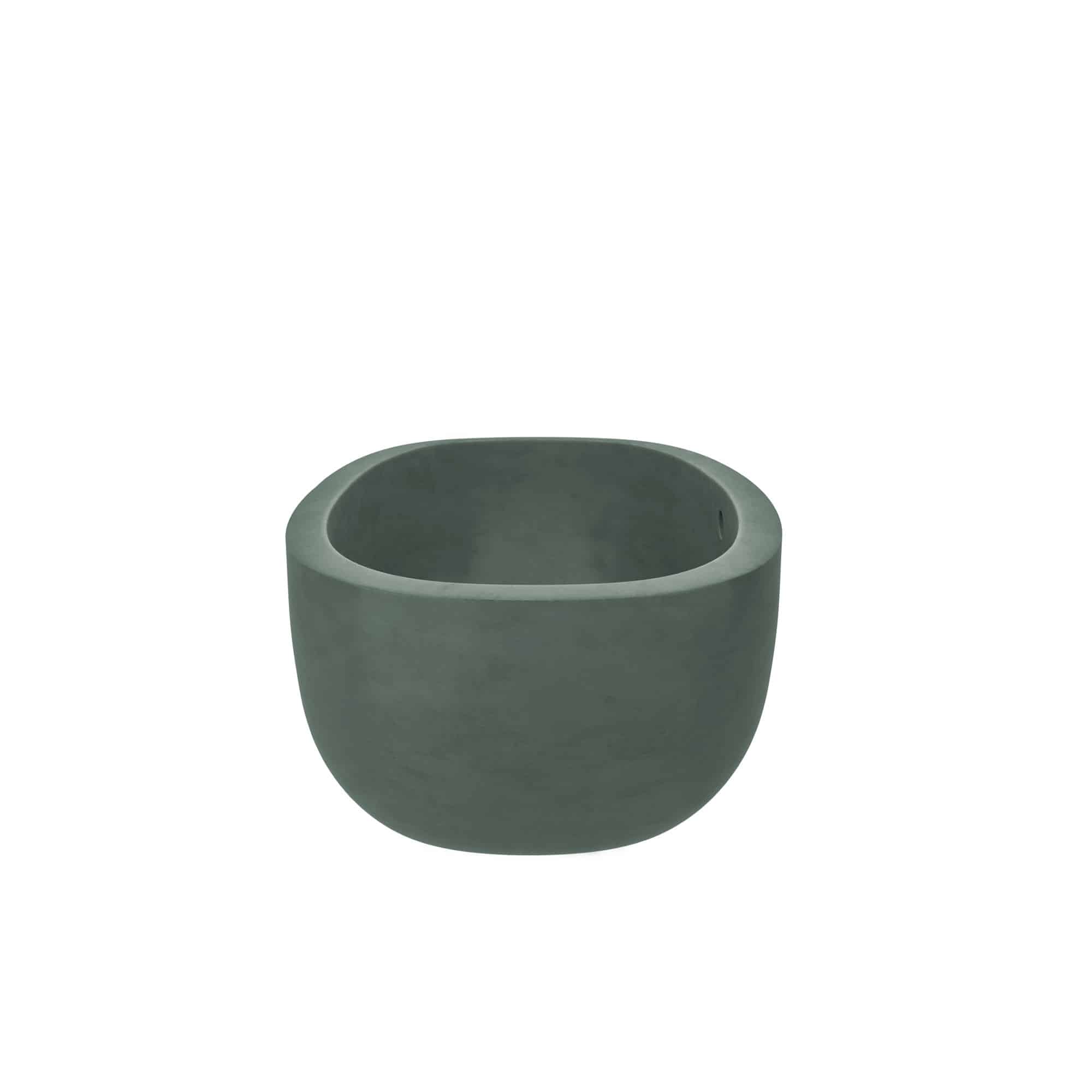 Forest green concrete vessel basin with curved cylindrical shape and open top.