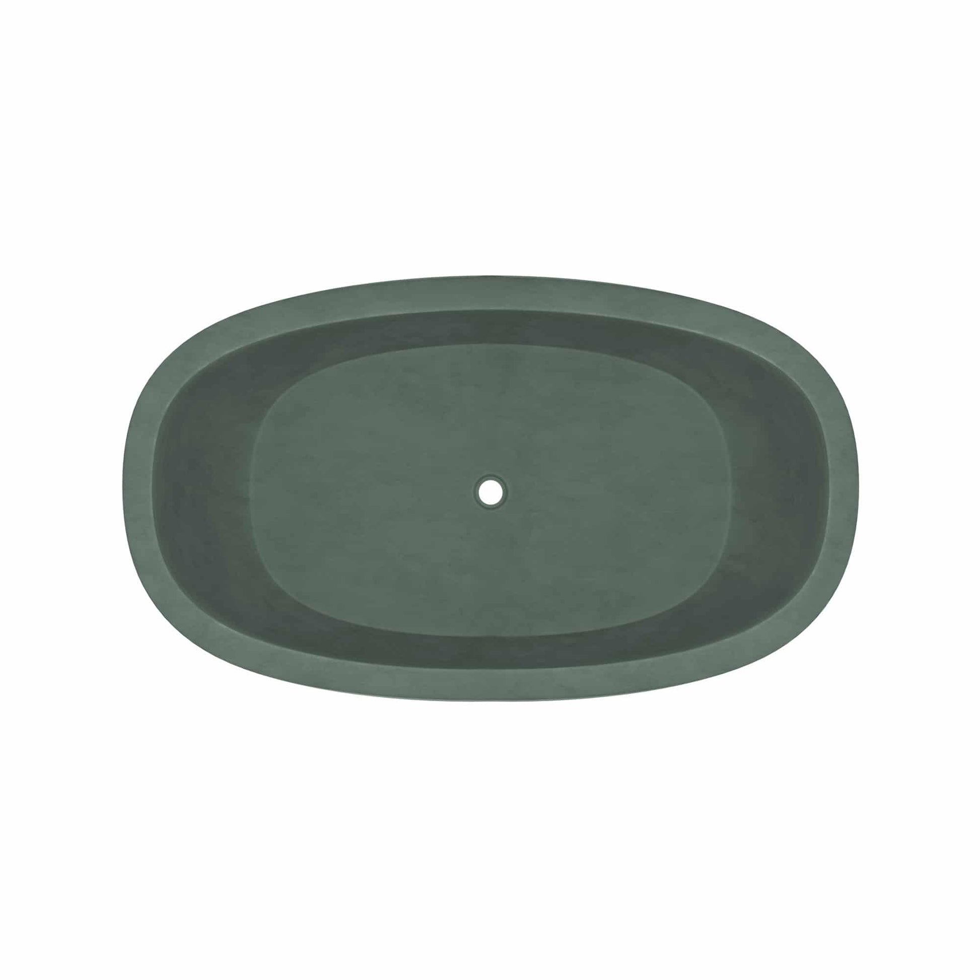 Forest green oval bathtub with centered drain hole, viewed from above.