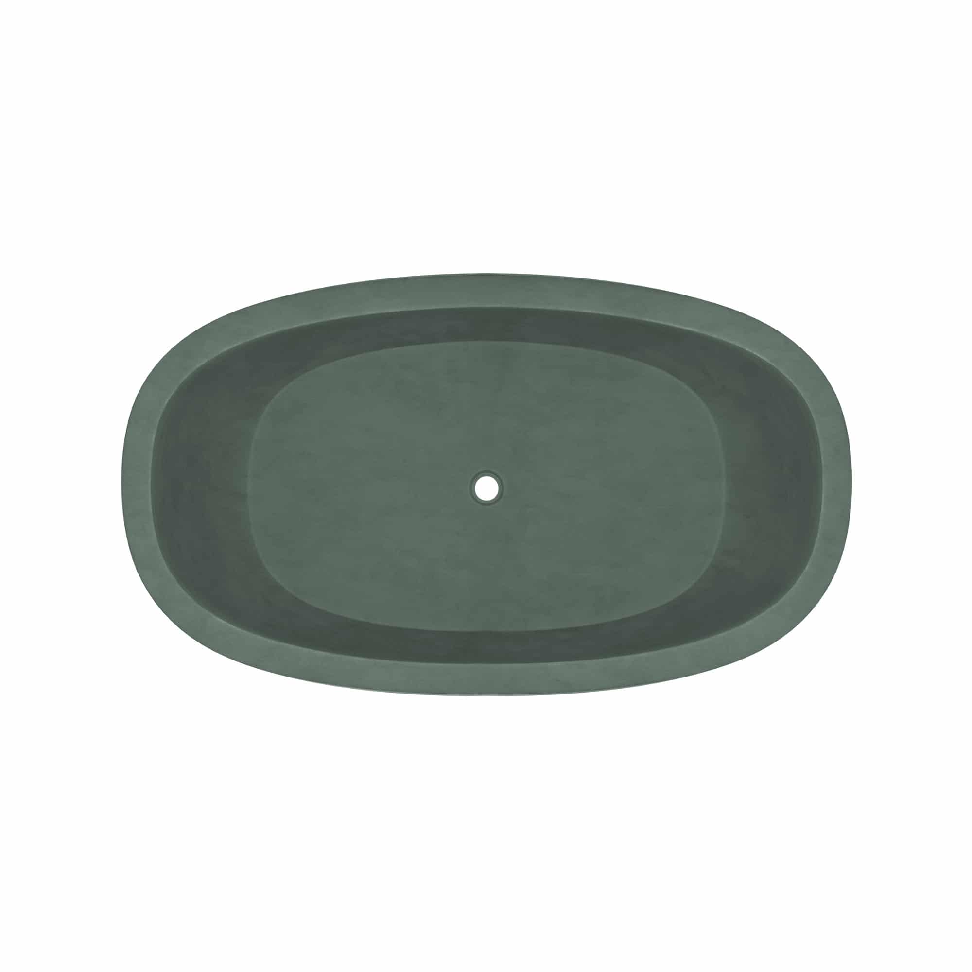 Forest green oval bathtub with centered drain hole, viewed from above.