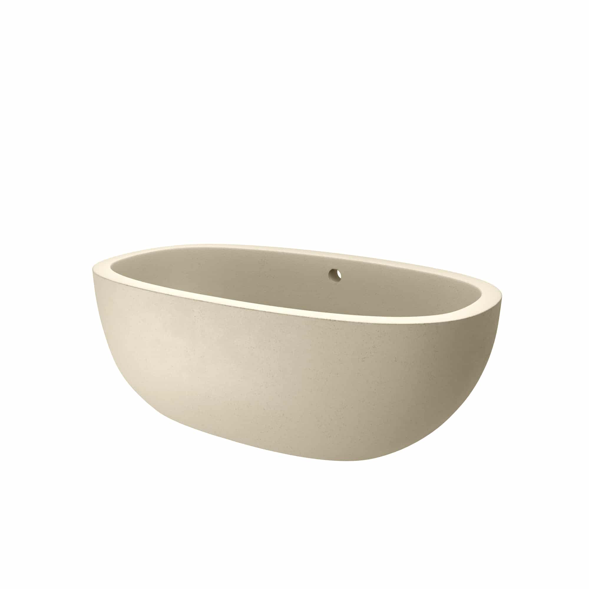 Sand-colored oval soaking tub with curved sides and small drain hole visible on interior rim.