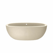 Sand-colored oval freestanding bathtub with curved sides and single overflow hole.