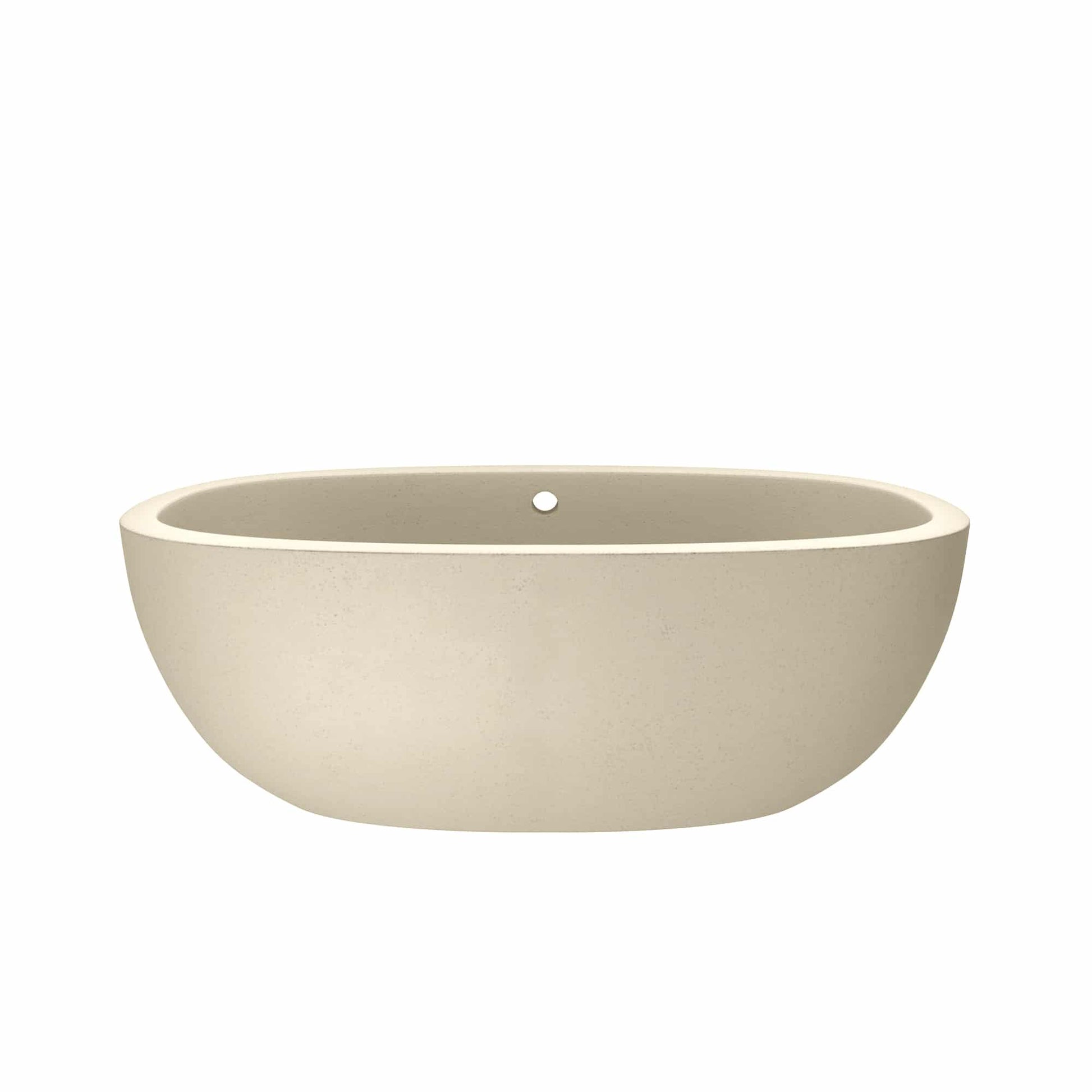 Sand-colored oval freestanding bathtub with curved sides and single overflow hole.