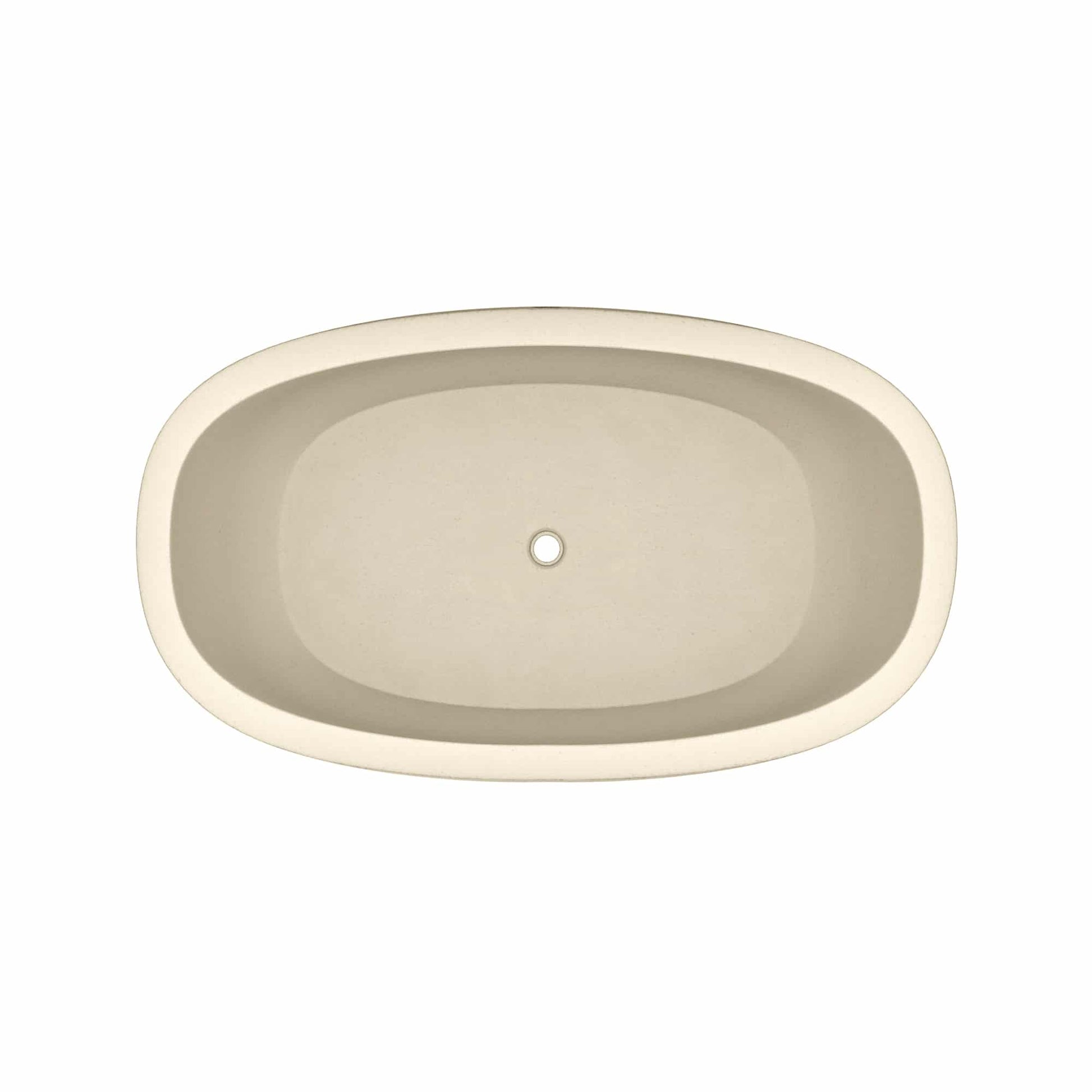 Sand-colored oval soaking tub with centered drain hole, viewed from above.