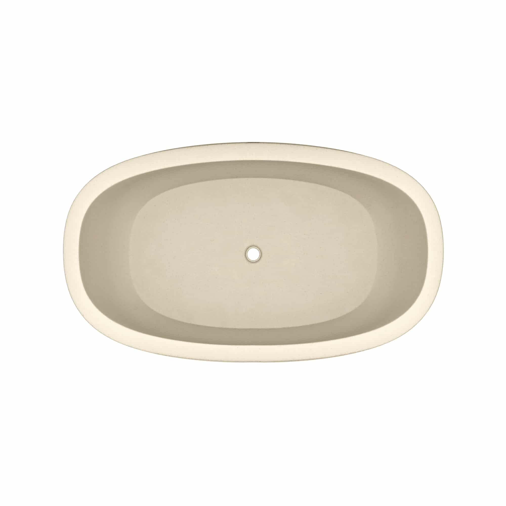 Sand-colored oval soaking tub with centered drain hole, viewed from above.