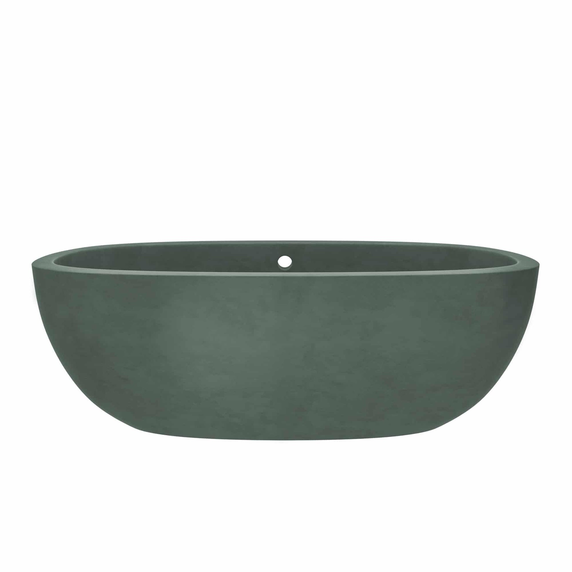Forest green oval freestanding bathtub with curved sides and single drain hole.