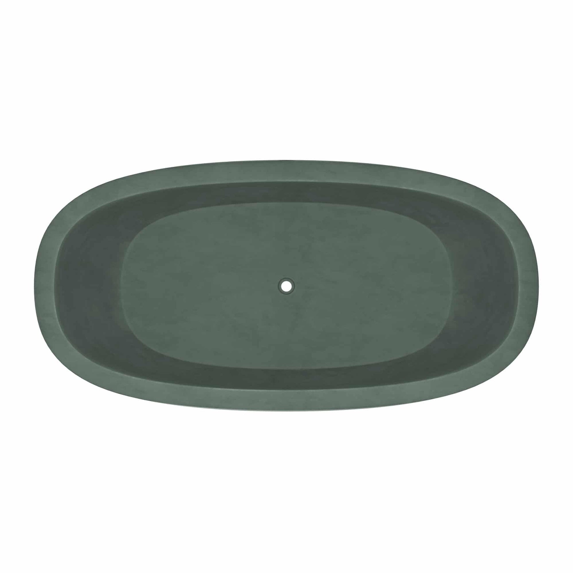 Forest green oval soaking tub with center drain hole, viewed from above.