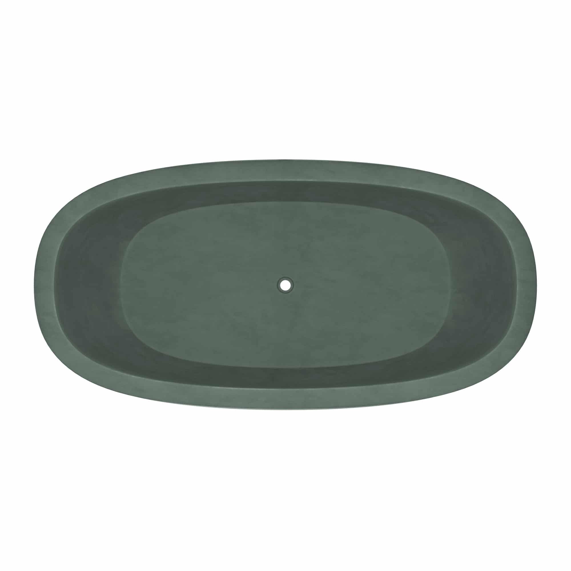 Forest green oval soaking tub with center drain hole, viewed from above.