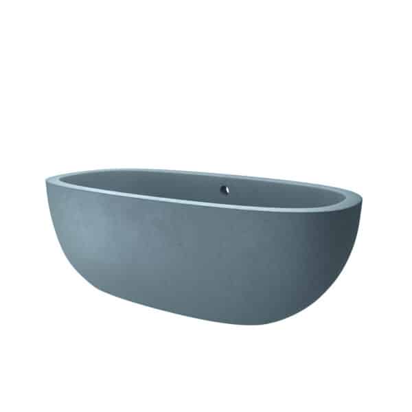Oval freestanding bathtub in matte ocean blue with curved sides and a drain hole.