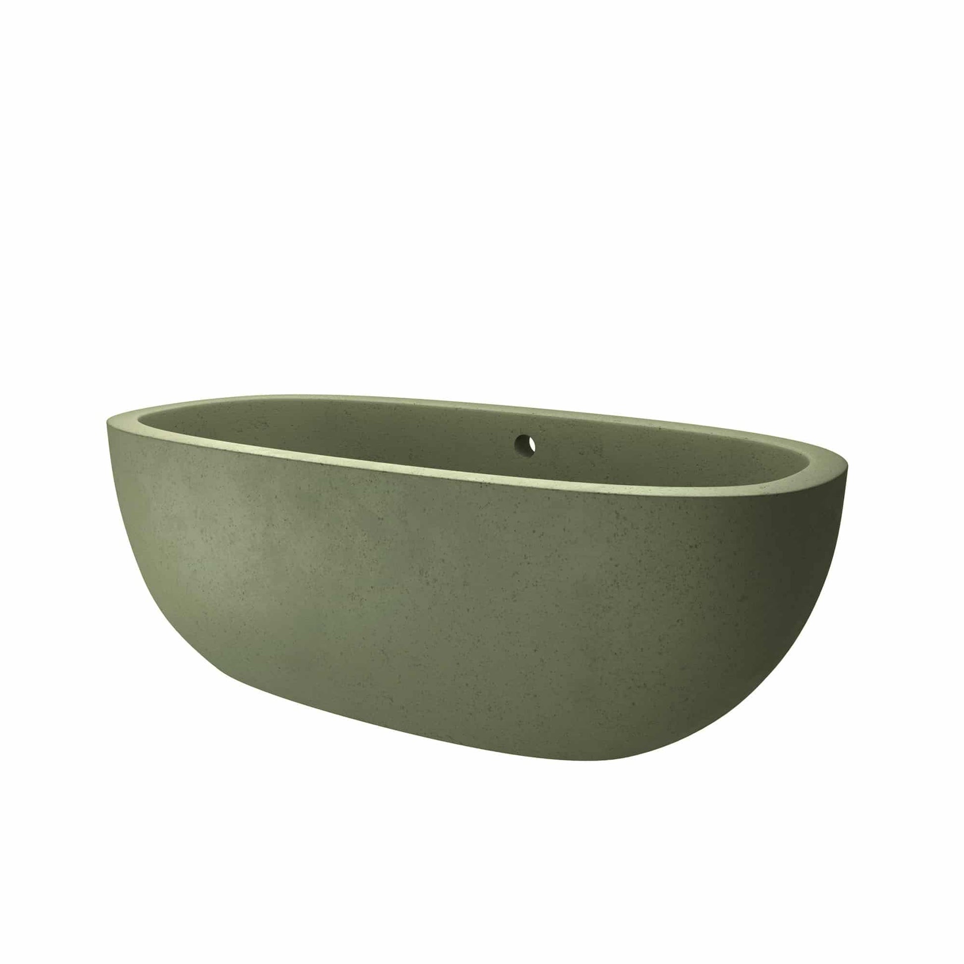 Sage green freestanding bathtub with curved oval shape and textured finish.