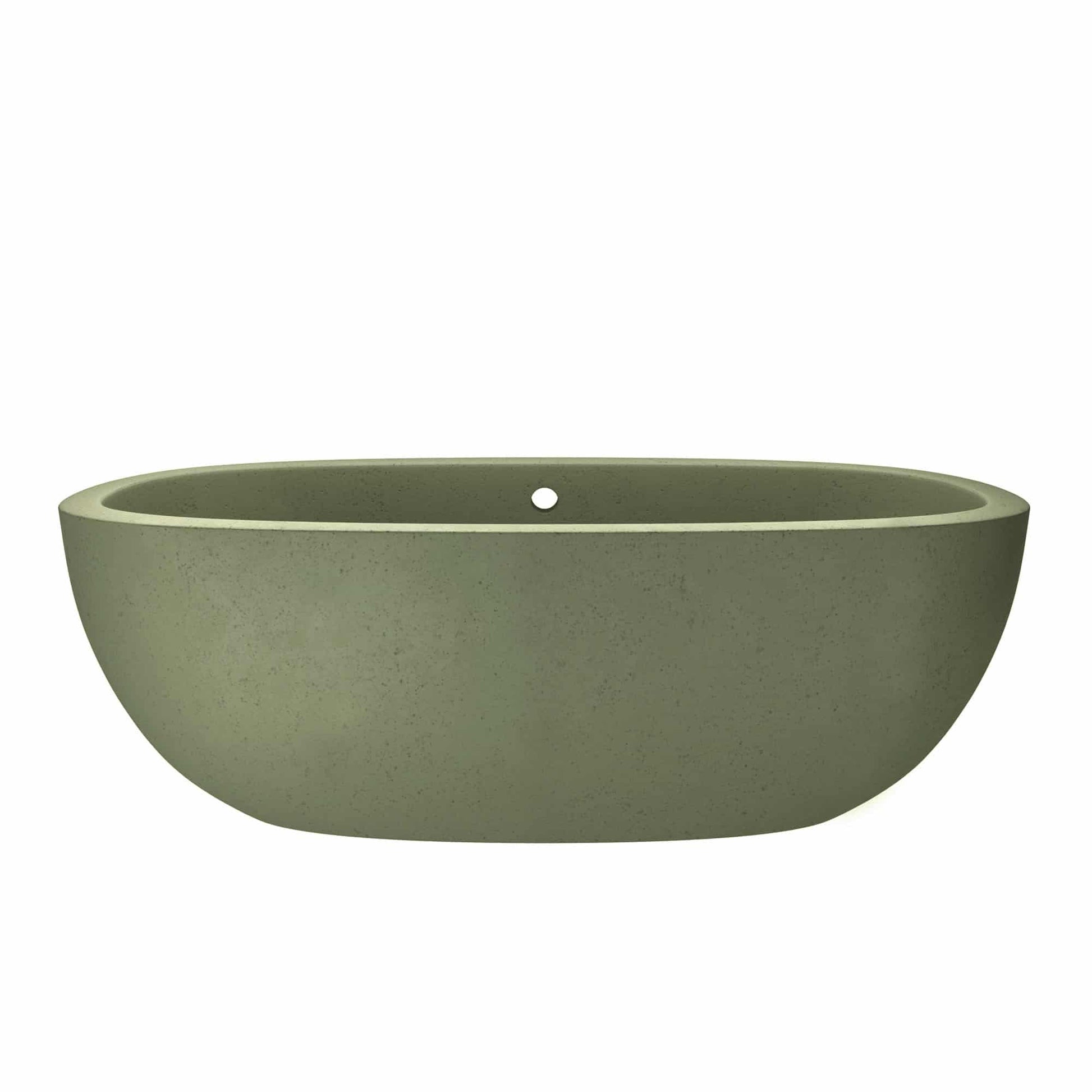 Sage-colored oval freestanding bathtub with textured concrete finish and single drain hole.