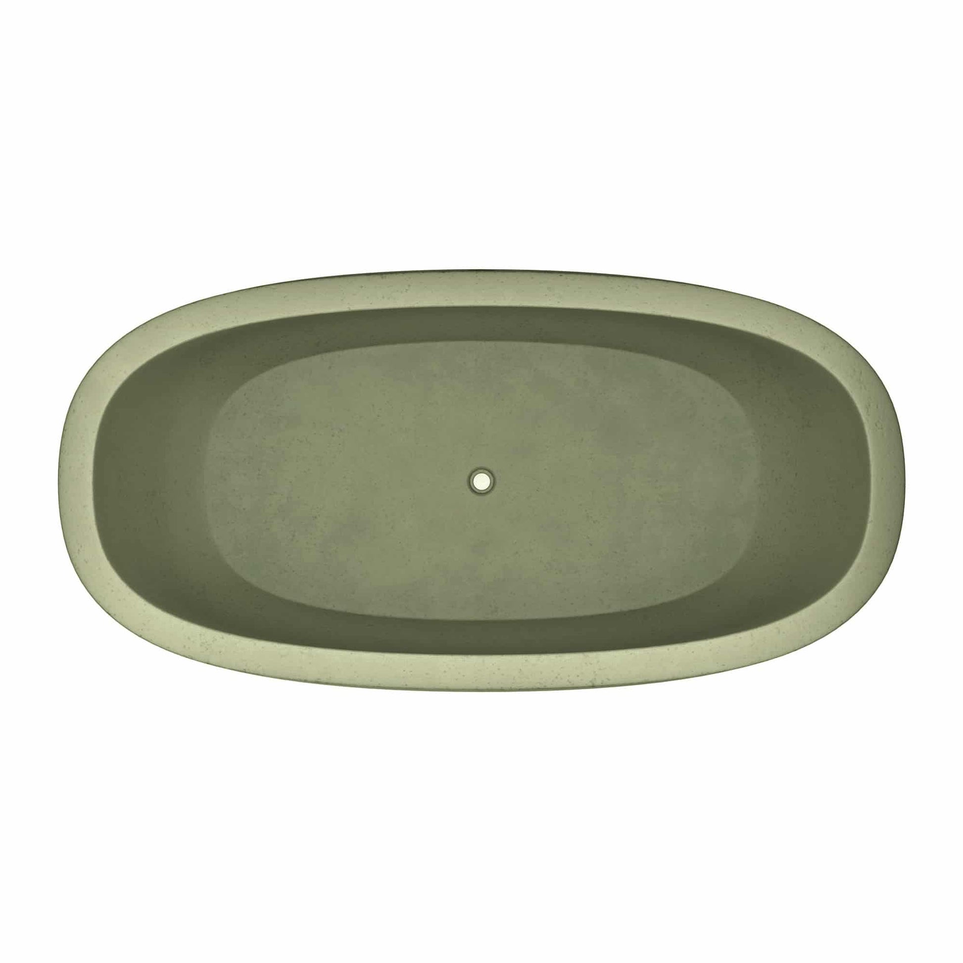 Sage green oval freestanding bathtub with centered drain hole, viewed from above.