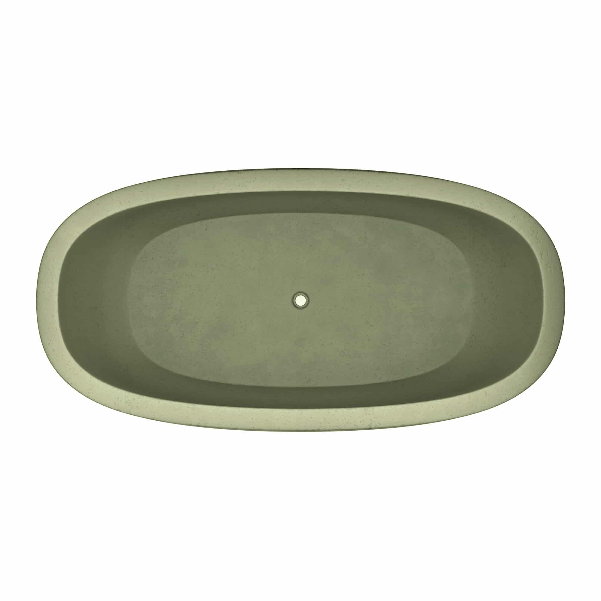 Sage green oval freestanding bathtub with centered drain hole, viewed from above.