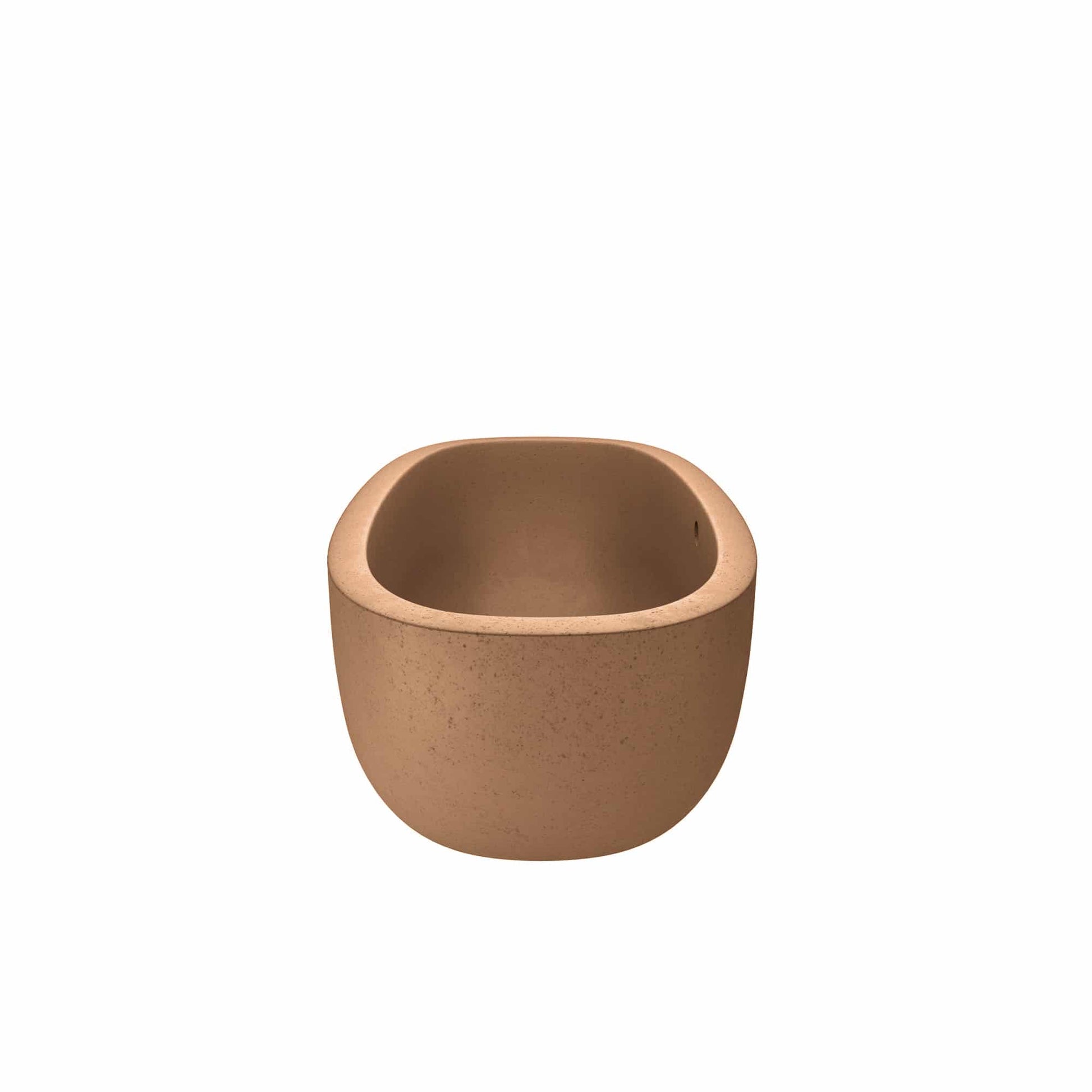 Terracotta-colored round basin with smooth interior and textured exterior surface.