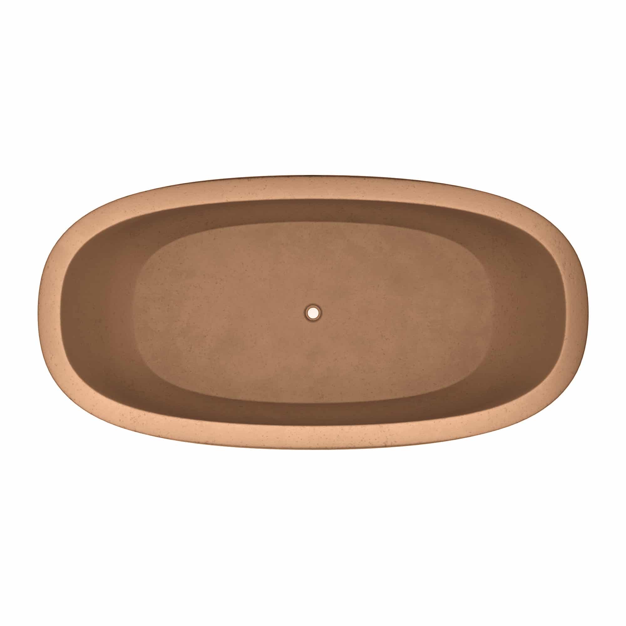 Terracotta-colored oval freestanding bathtub with sloped sides and center drain opening, viewed from above.