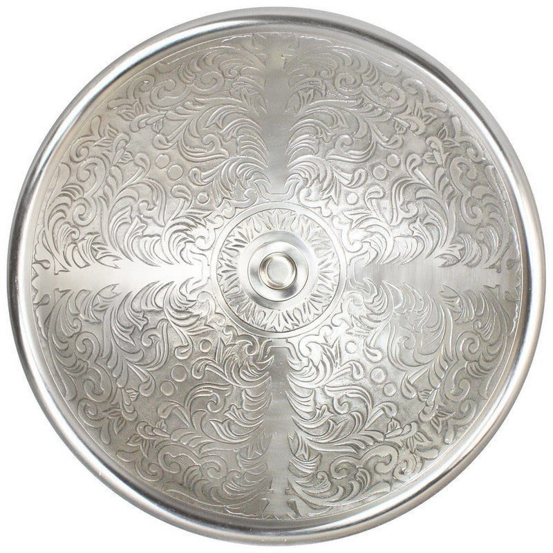 White bronze round bathroom sink with ornate scrollwork pattern and center drain opening, viewed from above.